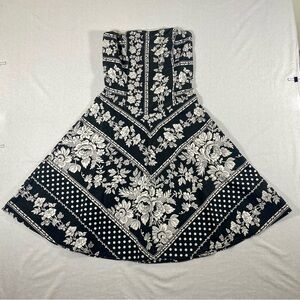 Teeze Me Vintage Black White Floral Polka Dor Strapless Dress Size 9 Cotton